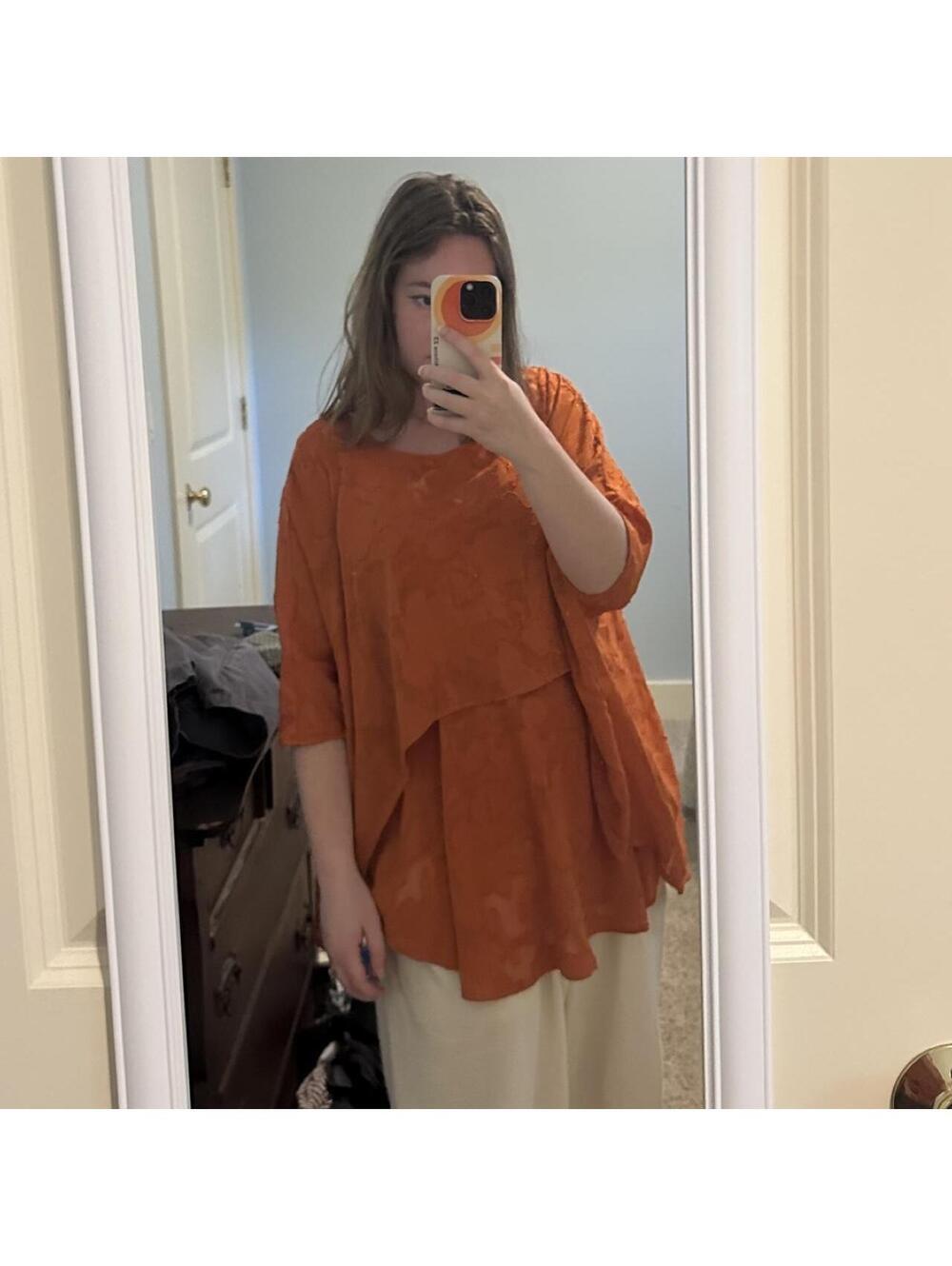 Orange boho fairy flowy hippie blouse floral textured pattern size S summer
